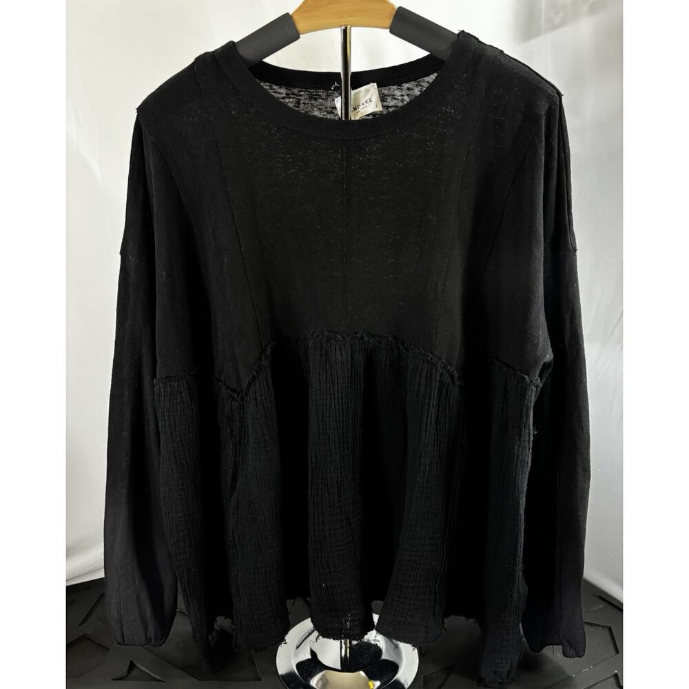 Women’s Oversized Small Black Long Sleeve Sleeve Blouse Raw Hem Lagenlook Goth